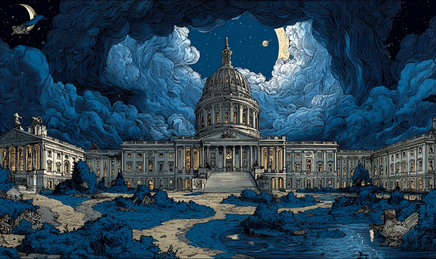 The Capitol at night under a stormy sky