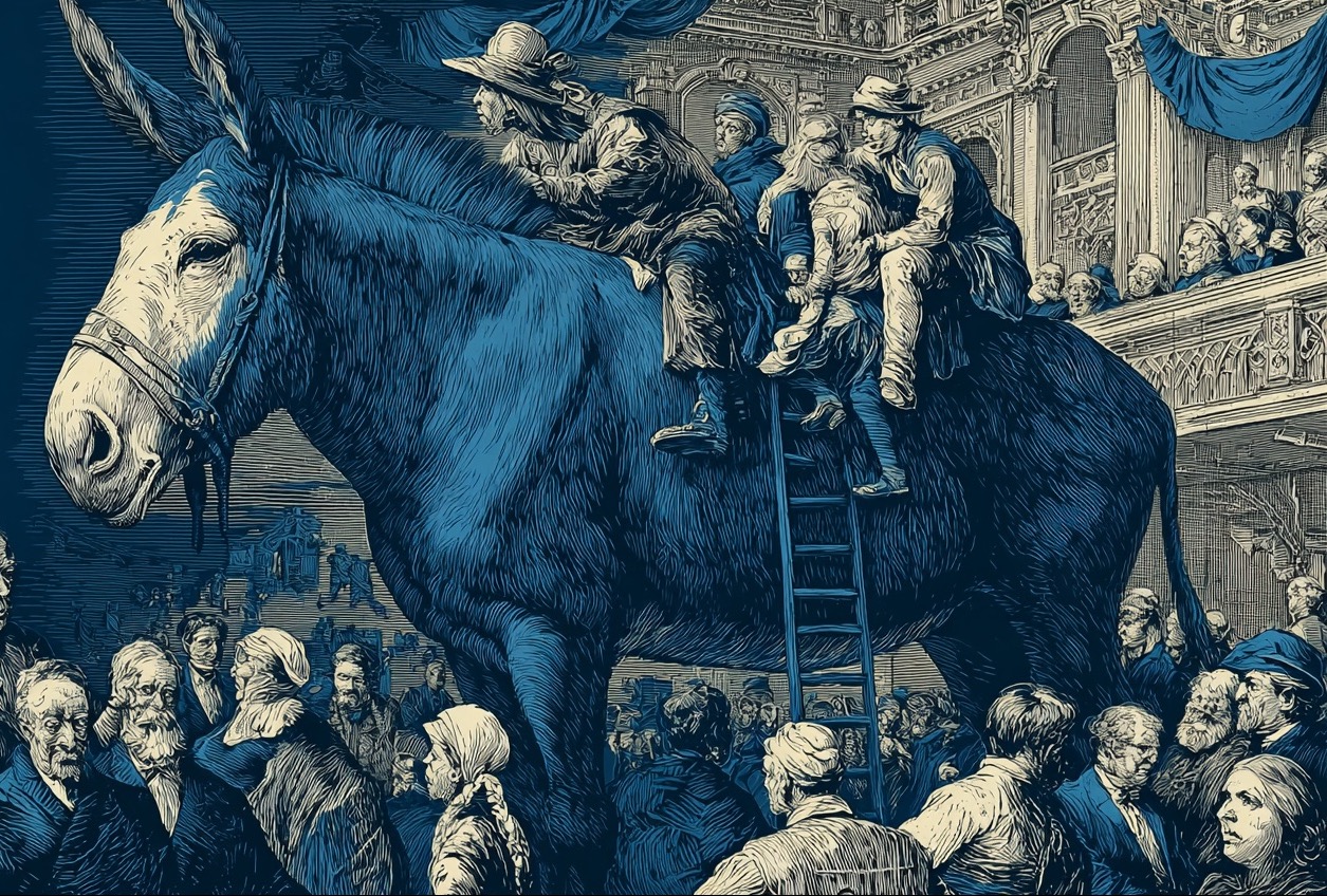 Un burro azul que carga con un montón de políticos