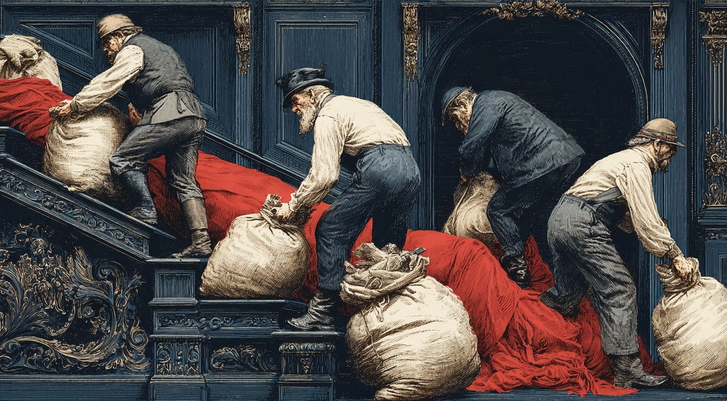Men hauling sacks of money up a red-carpeted staircase
