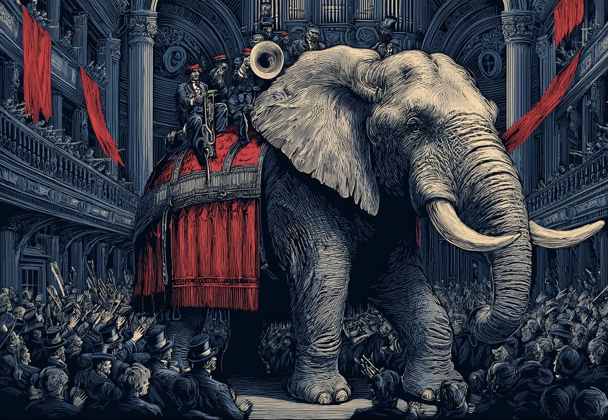 Un elefante cubierto de rojo en una convención abarrotada