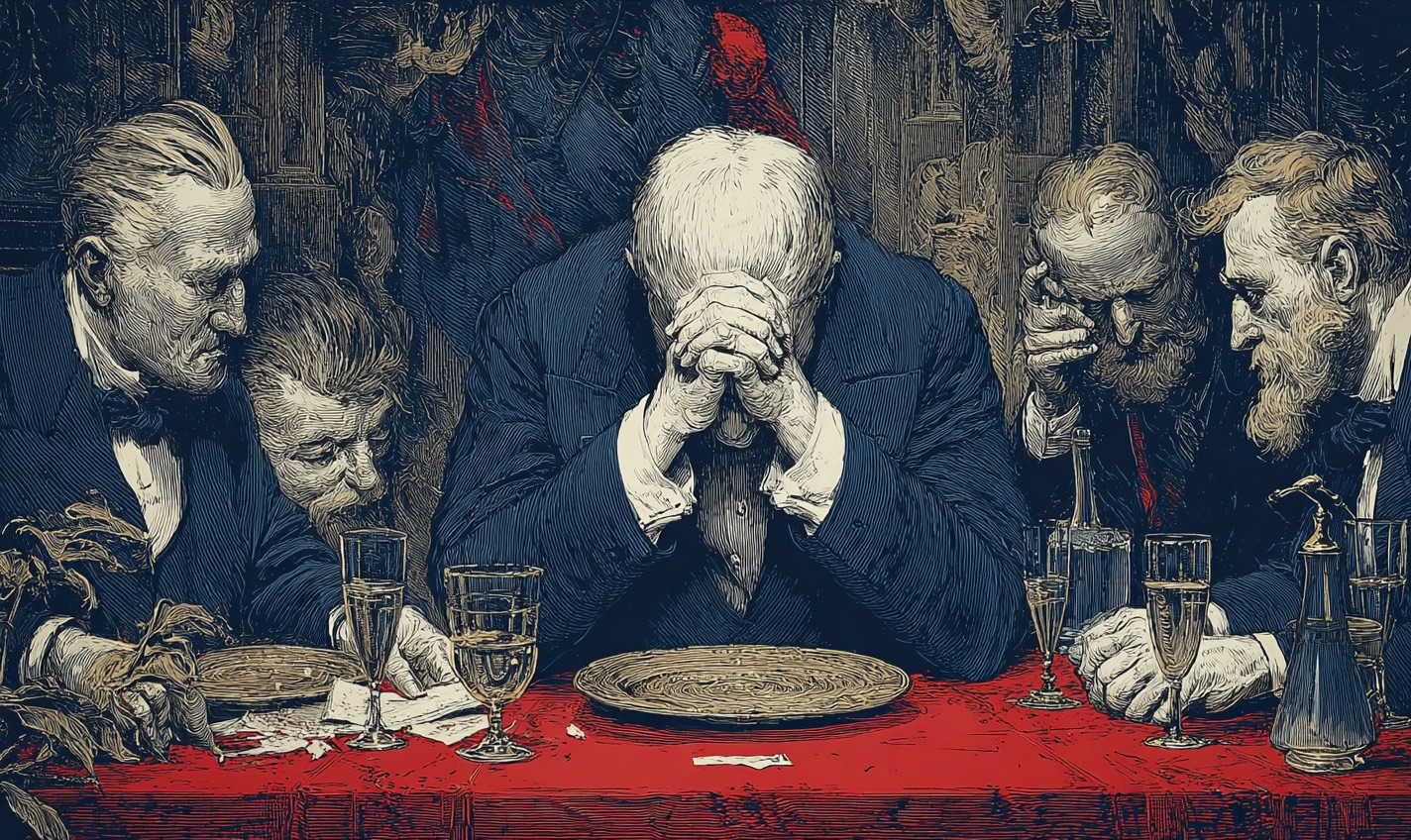 A candidate with his head in his hands at a prayer breakfast while the men around him whisper