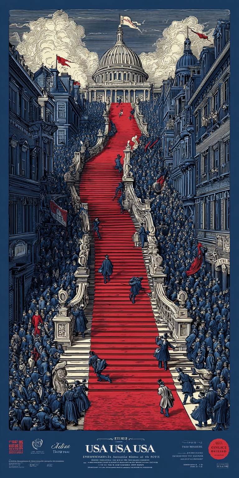 A red carpet running up a crowded marble staircase to the Capitol dome
