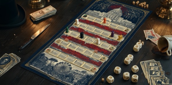 The game board mid-game on a table, with pawns, dice and cards
